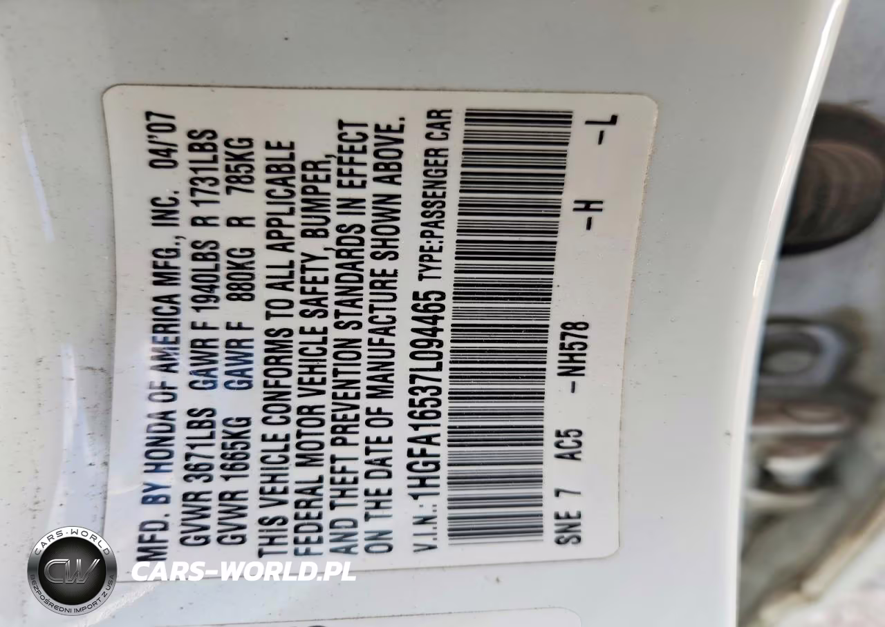 2007 Honda Civic Lx VIN:1HGFA16537L094465 - 12
