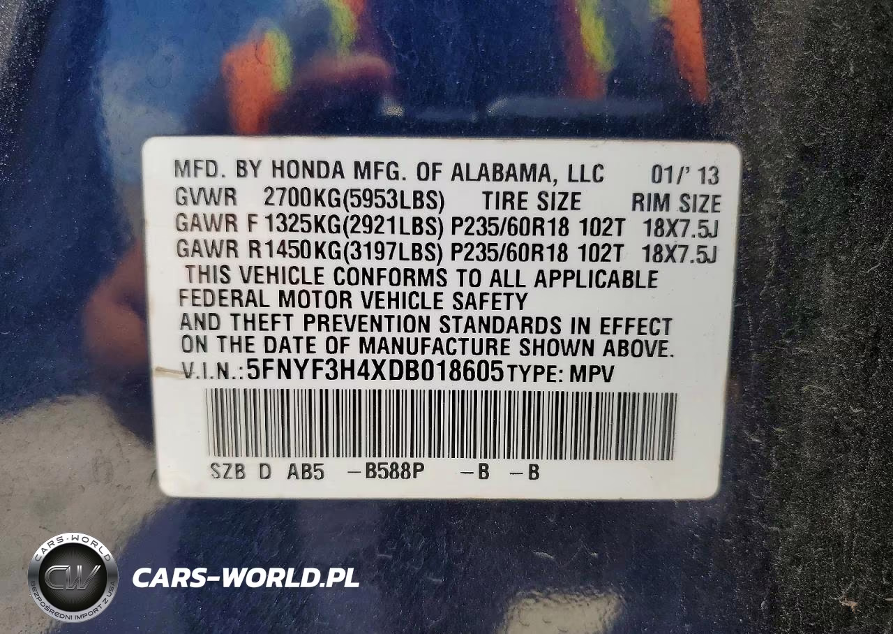 2013 Honda Pilot Ex VIN:5FNYF3H4XDB018605 - 12
