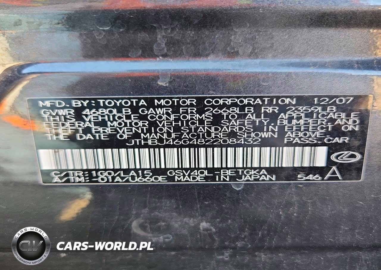 2008 Lexus Es 350 VIN:JTHBJ46G482208432 - 12