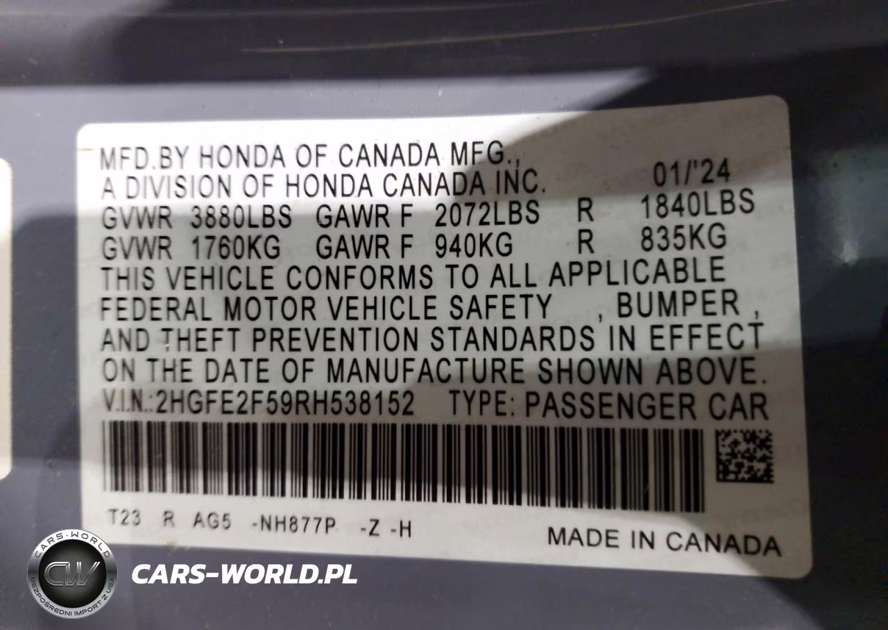 2024 Honda Civic Sport VIN:2HGFE2F59RH538152 - 12
