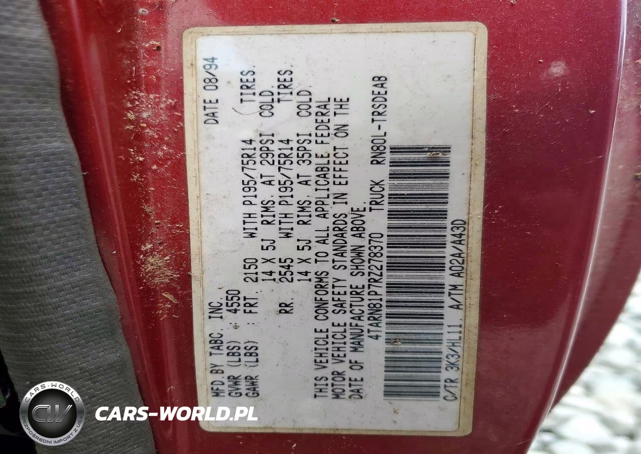 1994 Toyota Pickup 1-2 Ton Short Wheelbase Dx VIN:4TARN81P7RZ278370 - 12