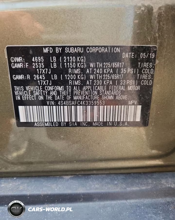 2019 Subaru Outback 2.5I Premium VIN:4S4BSAFC4K3359553 - 13