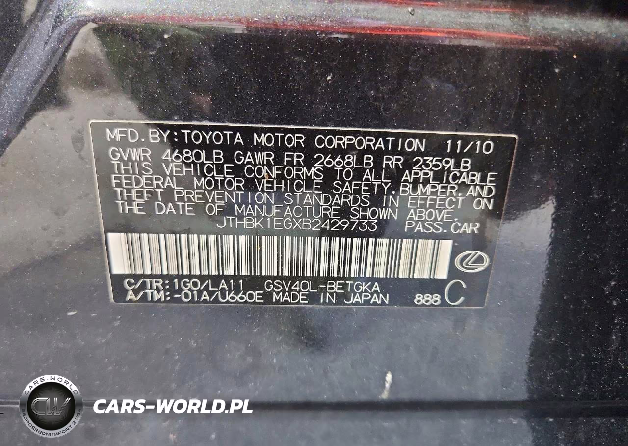 2011 Lexus Es 350 VIN:JTHBK1EGXB2429733 - 12