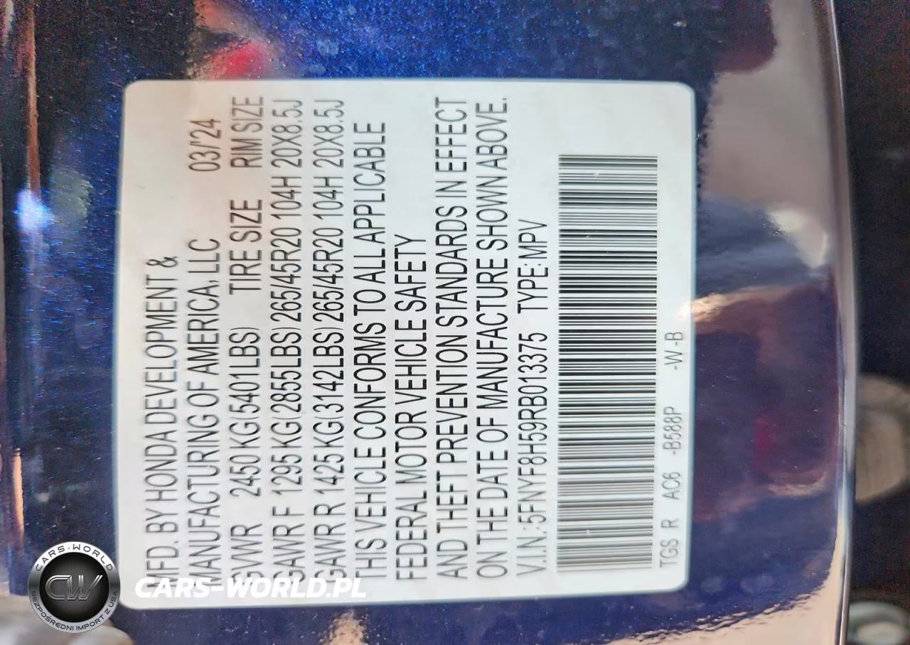 2024 Honda Passport Exl VIN:5FNYF8H59RB013375 - 13