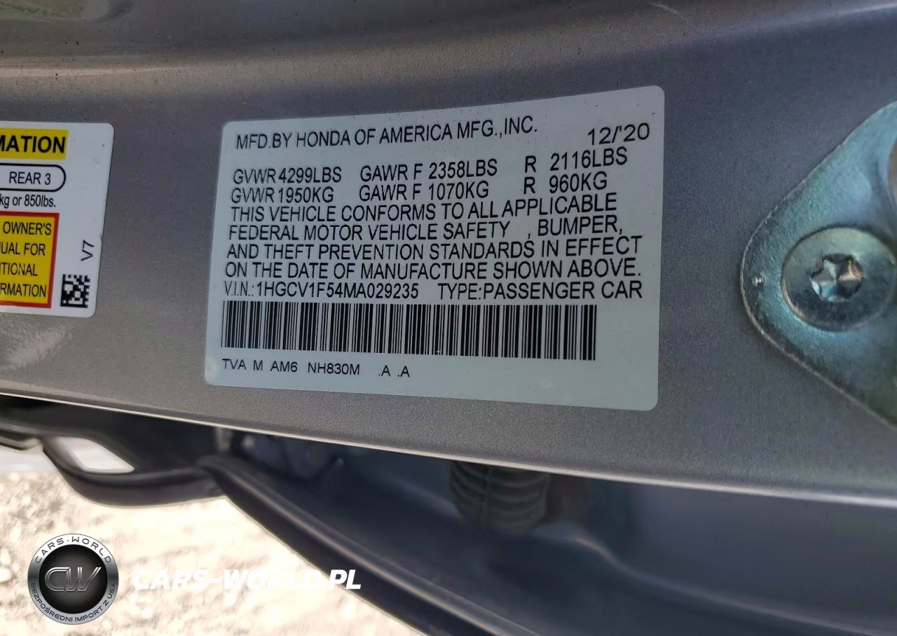 2021 Honda Accord Exl VIN:1HGCV1F54MA029235 - 12