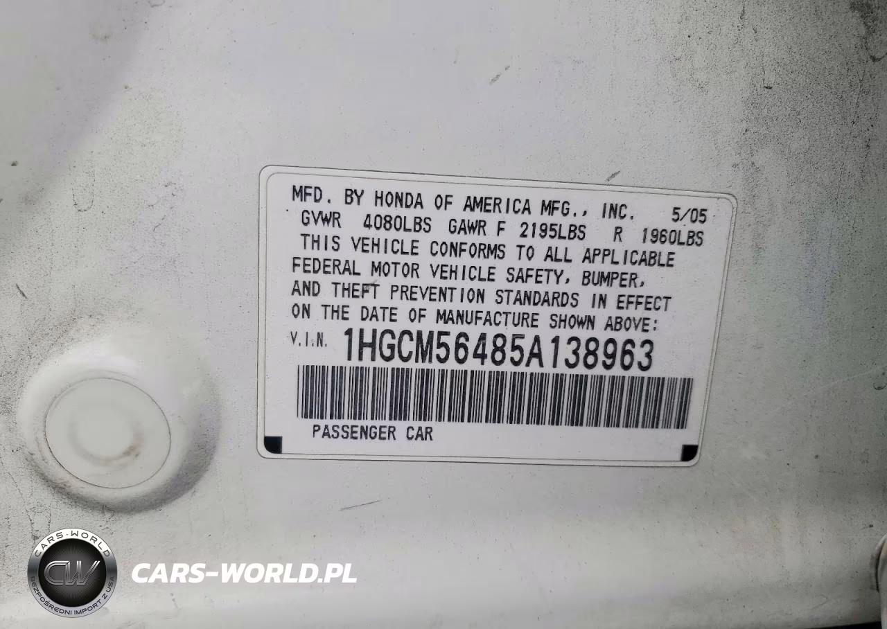 2005 Honda Accord Lx VIN:1HGCM56485A138963 - 12