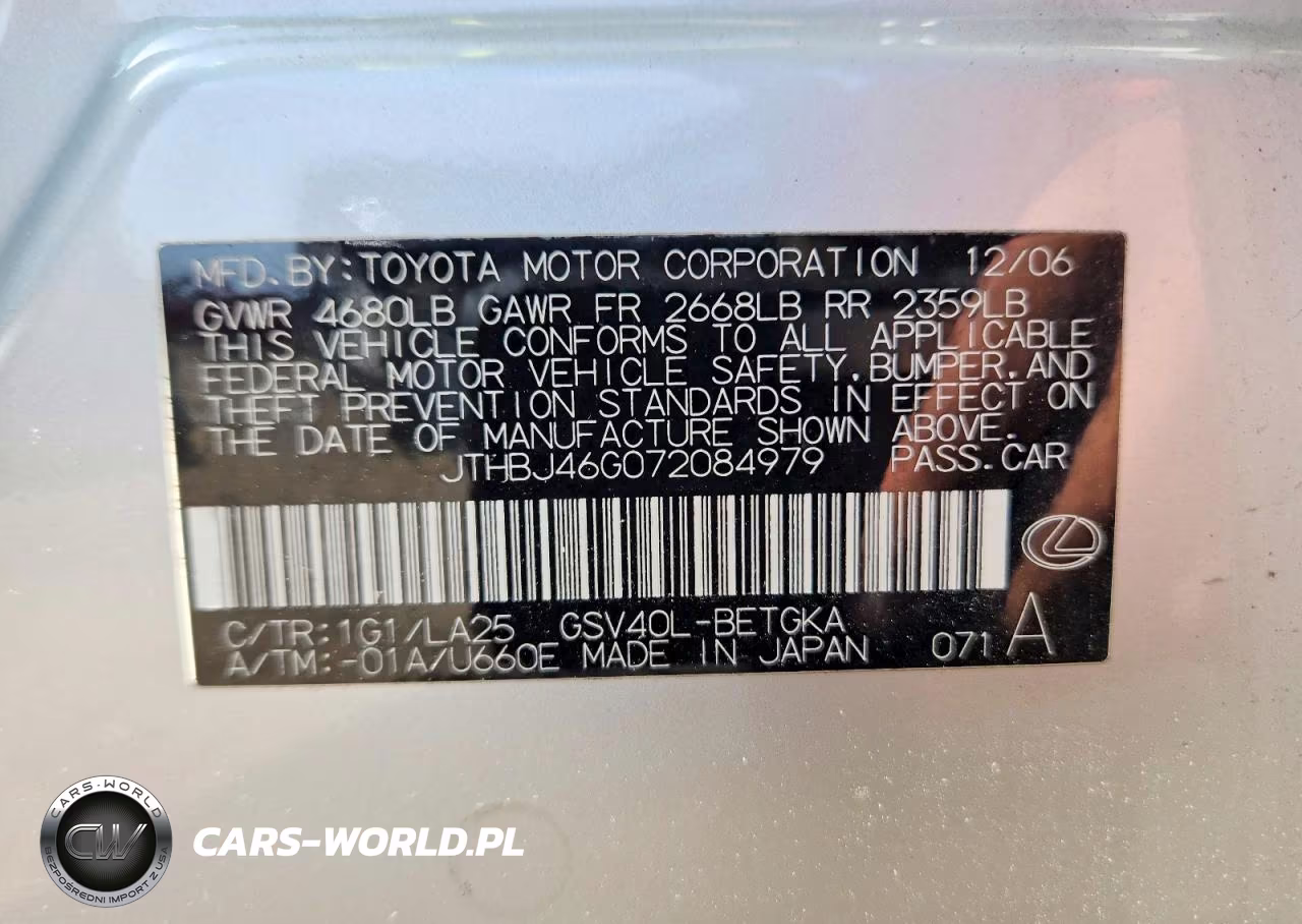 2007 Lexus Es 350 VIN:JTHBJ46G072084979 - 12