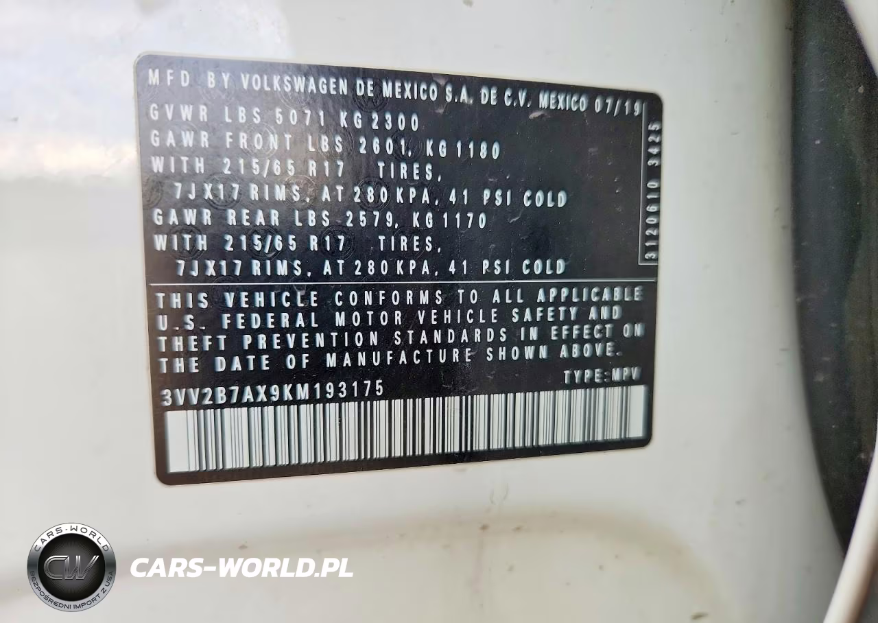 2019 Volkswagen Tiguan Se VIN:3VV2B7AX9KM193175 - 12