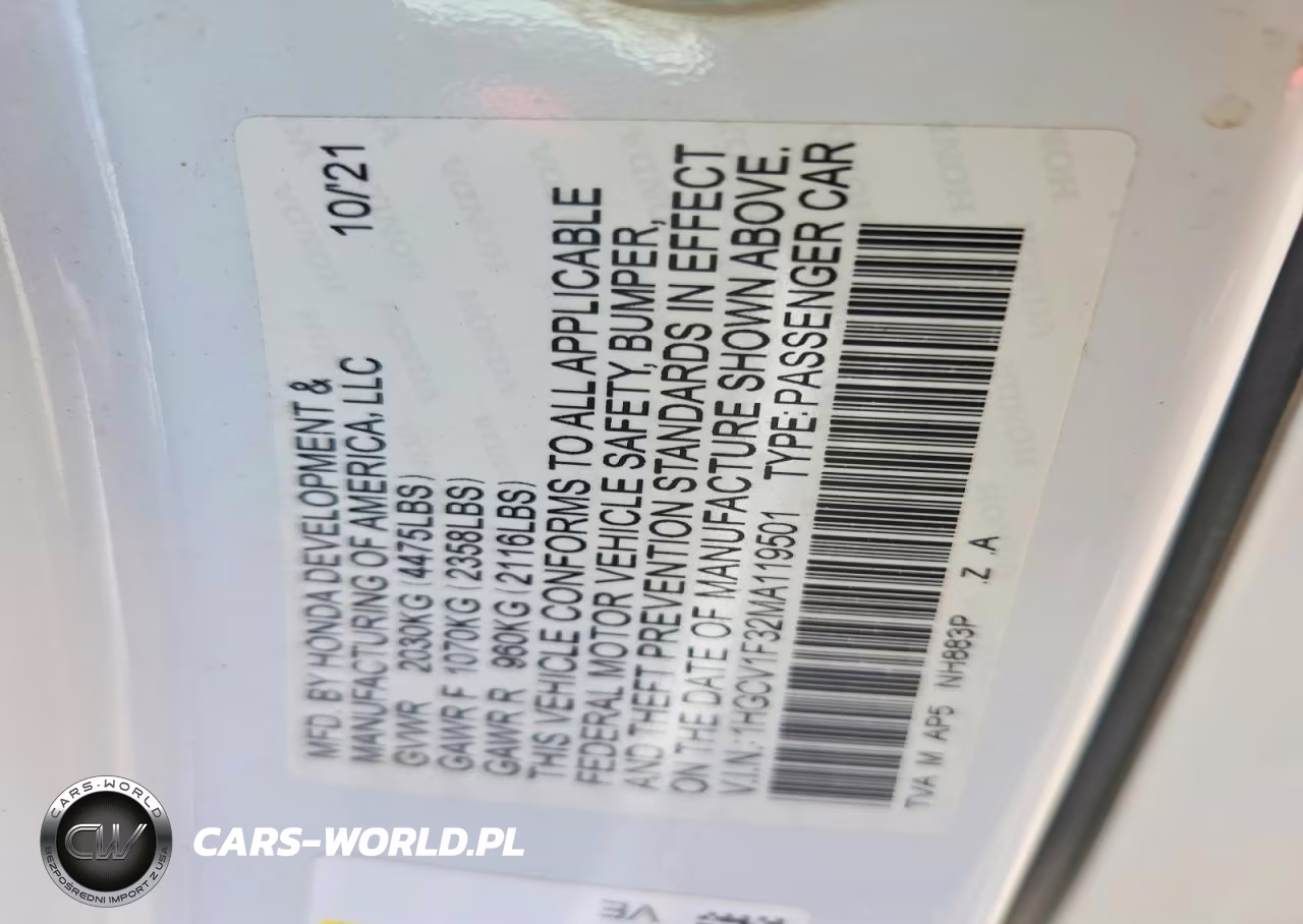 2021 Honda Accord Sport VIN:1HGCV1F32MA119501 - 12