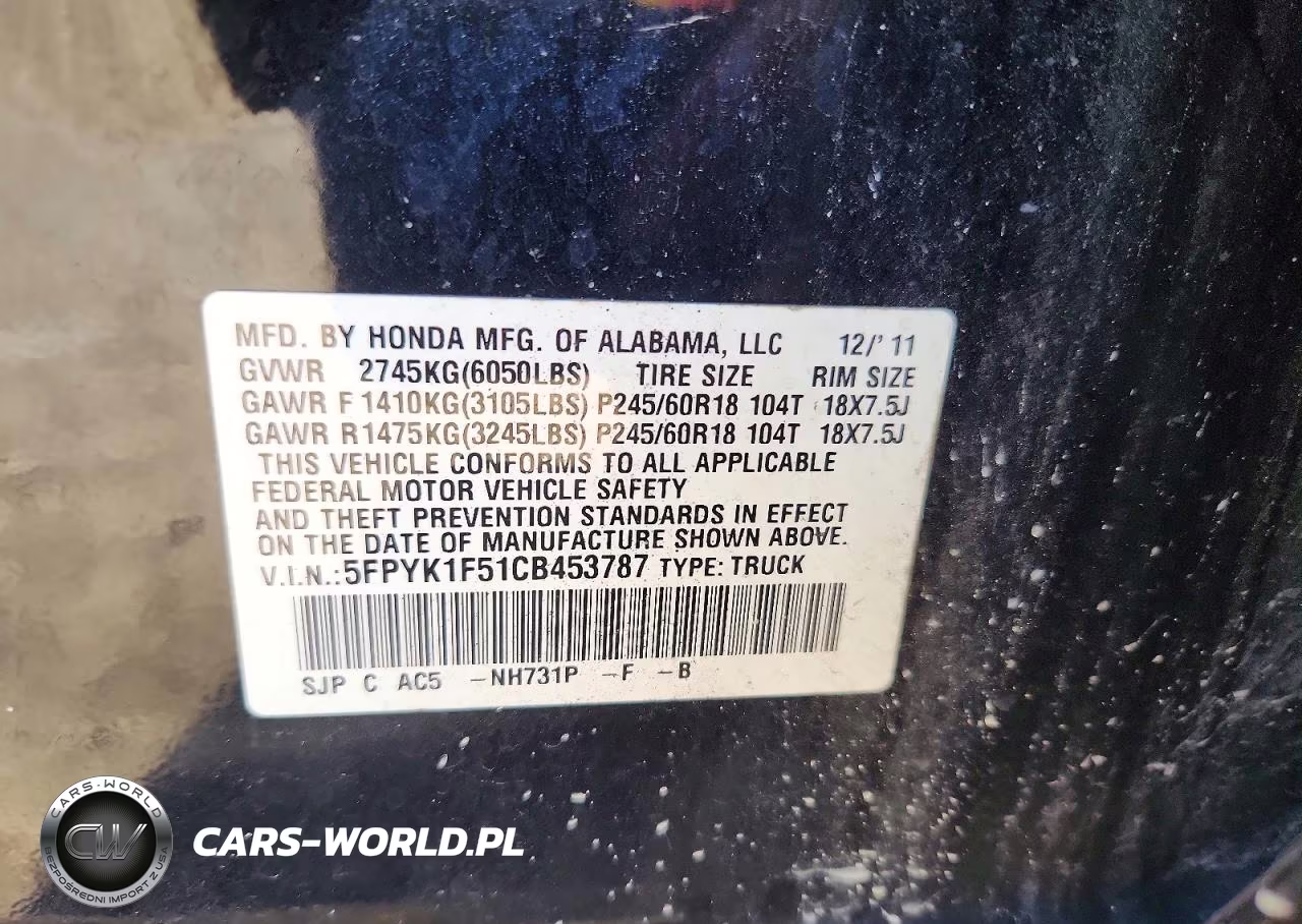 2012 Honda Ridgeline Rtl VIN:5FPYK1F51CB453787 - 12