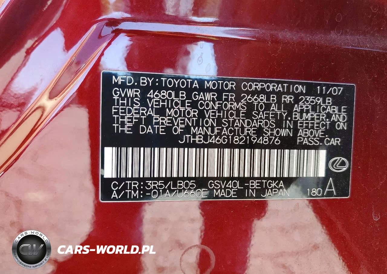 2008 Lexus Es 350 VIN:JTHBJ46G182194876 - 12