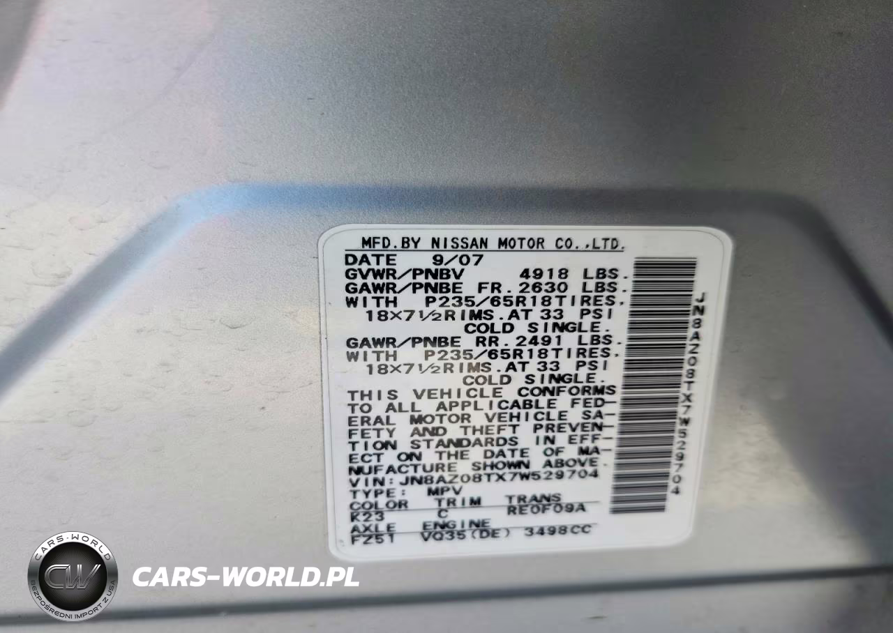 2007 Nissan Murano Sl VIN:JN8AZ08TX7W529704 - 13