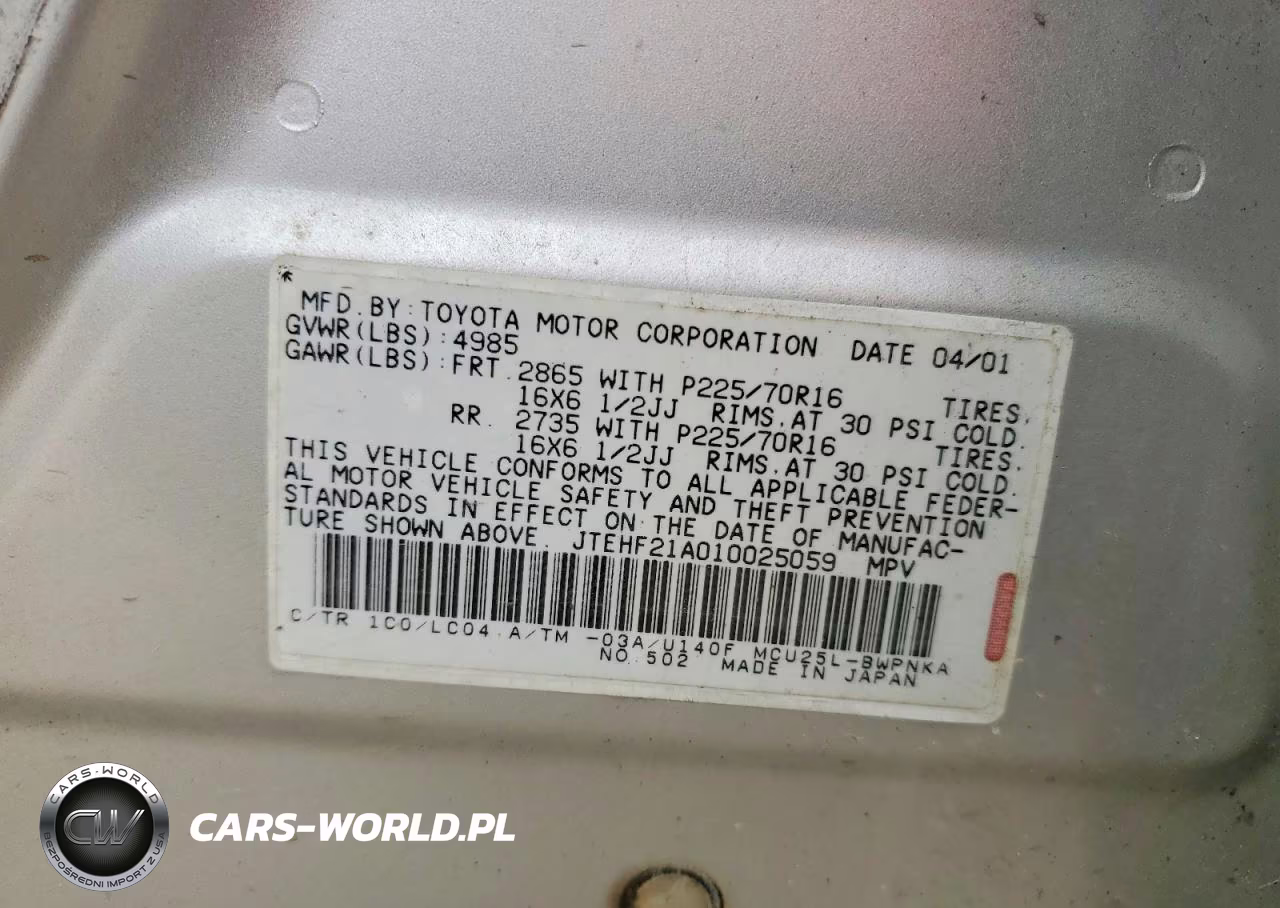 2001 Toyota Highlander VIN:JTEHF21A010025059 - 13