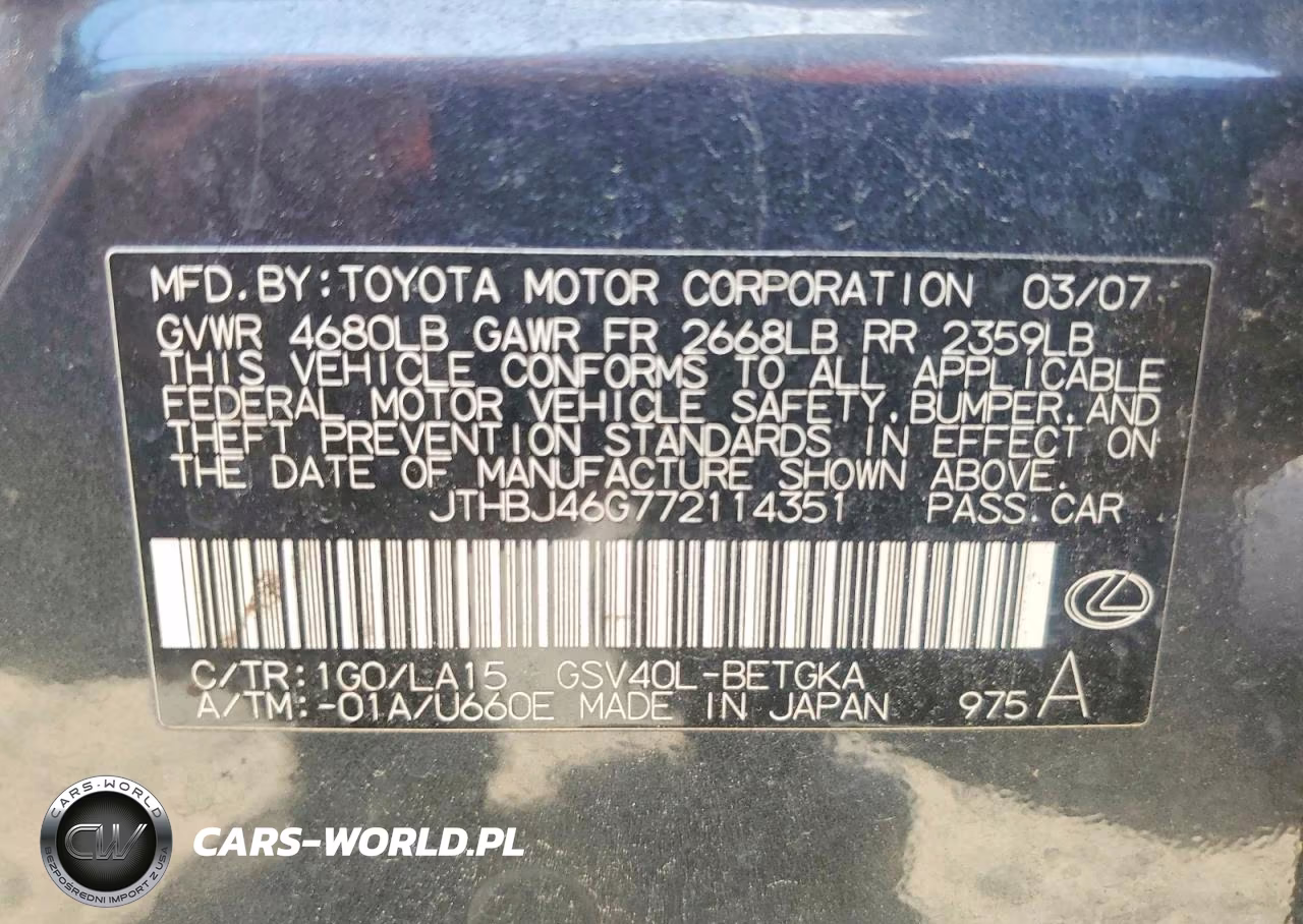 2007 Lexus Es 350 VIN:JTHBJ46G772114351 - 13
