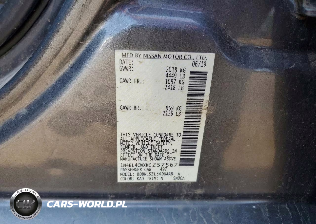 2019 Nissan Altima Sr VIN:1N4BL4CWXKC257567 - 12