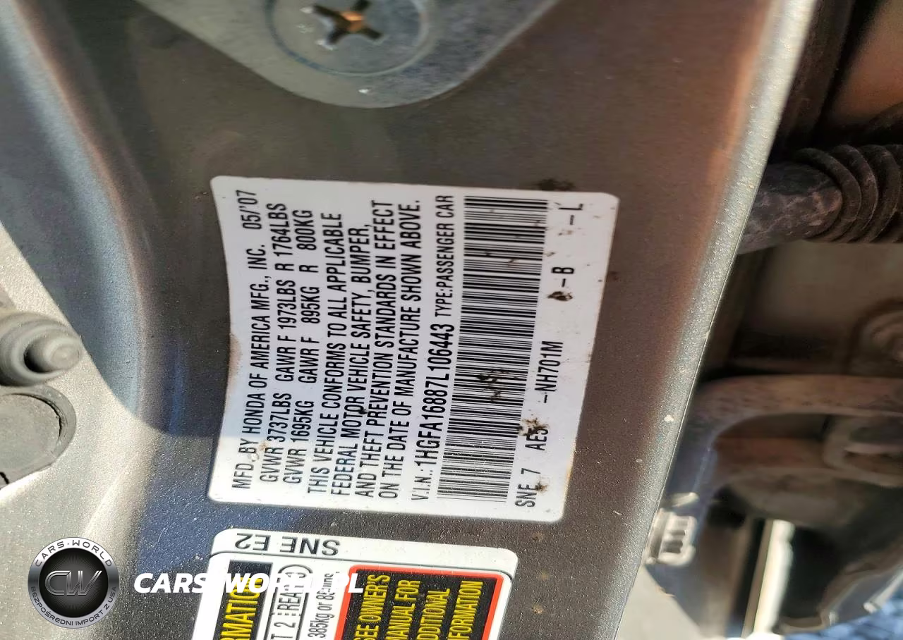 2007 Honda Civic VIN:1HGFA16887L106443 - 12