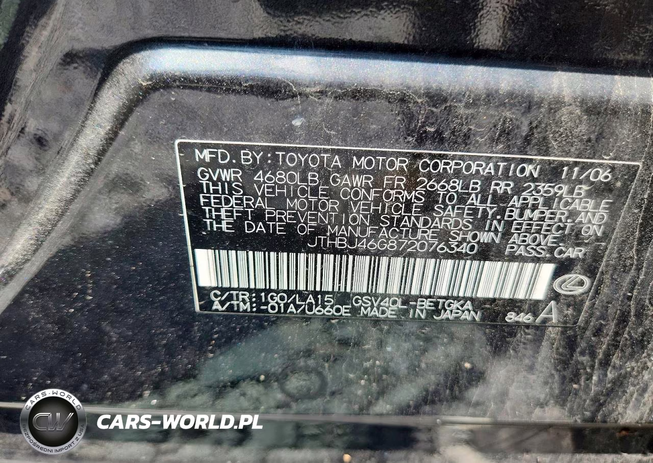 2007 Lexus Es 350 VIN:JTHBJ46G872076340 - 12