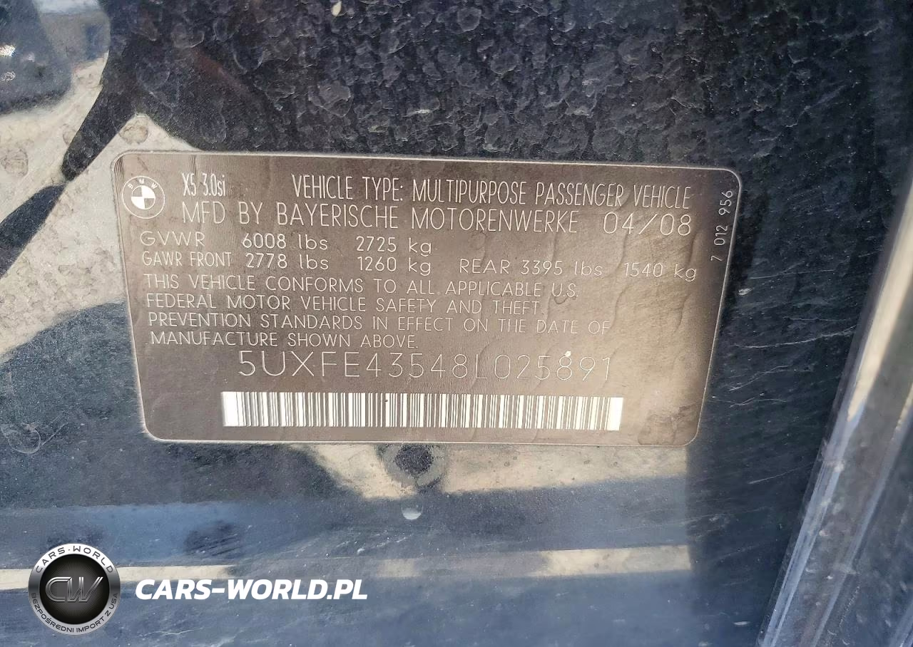 2008 BMW X5 3.0I VIN:5UXFE43548L025891 - 14