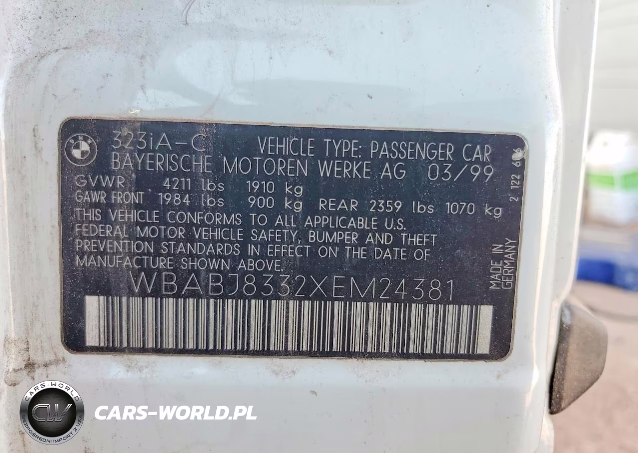 1999 BMW 323 Ic Automatic VIN:WBABJ8332XEM24381 - 12