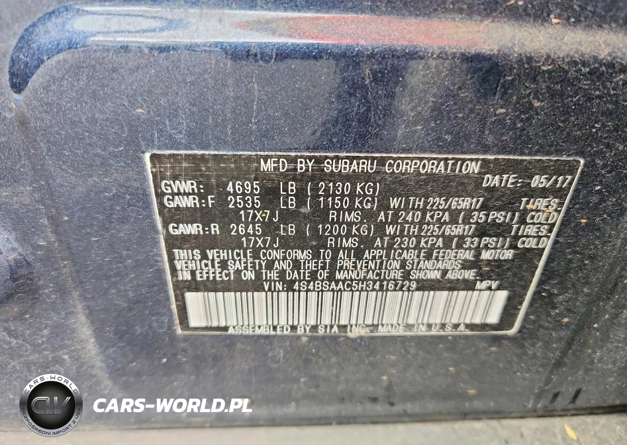 2017 Subaru Outback 2.5I VIN:4S4BSAAC5H3416729 - 13