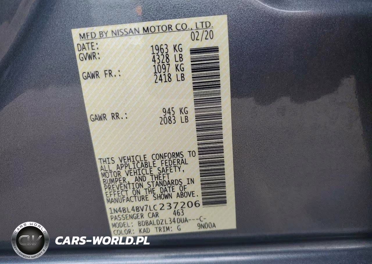 2020 Nissan Altima S VIN:1N4BL4BV7LC237206 - 12