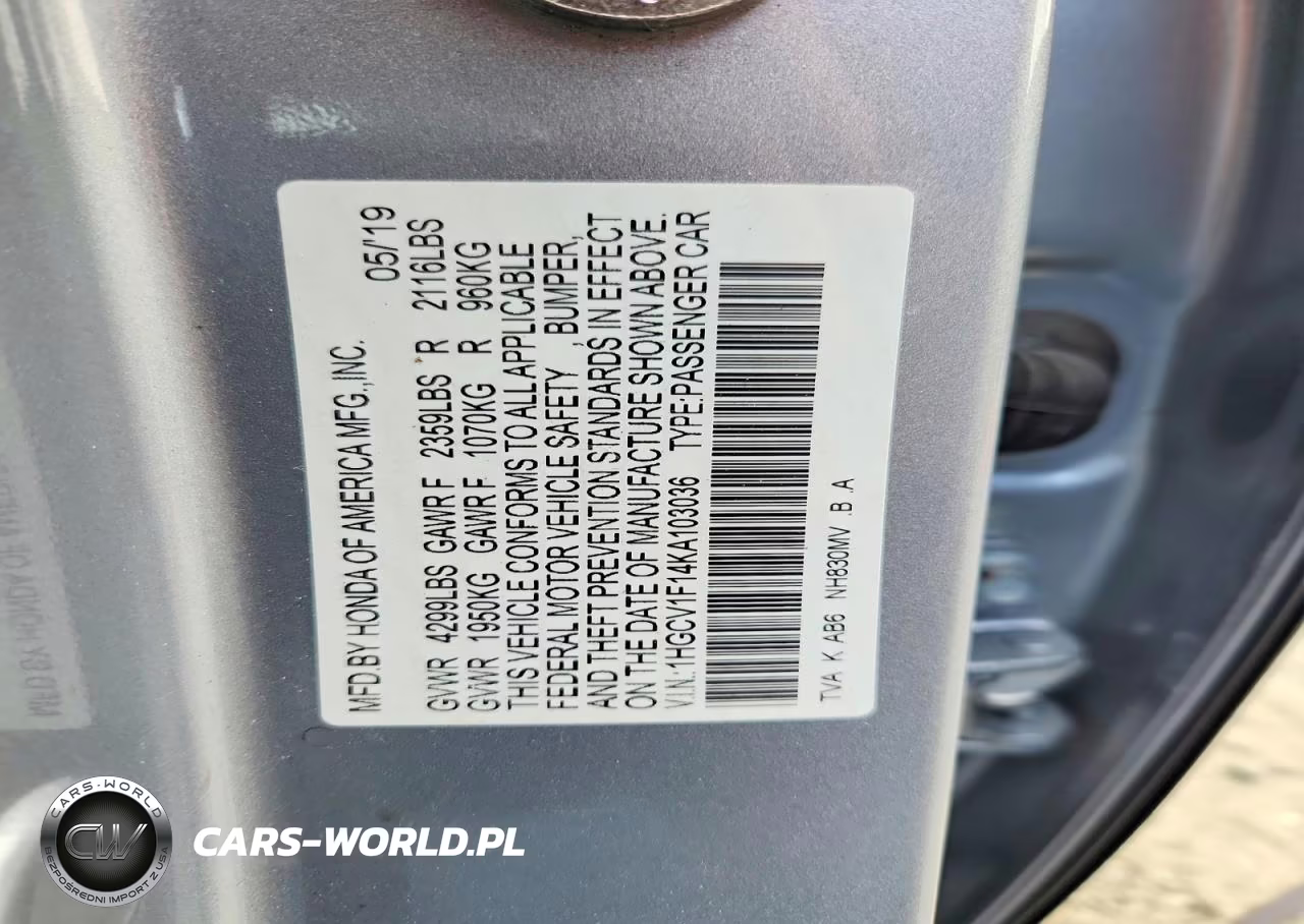 2019 Honda Accord Lx VIN:1HGCV1F14KA103036 - 12