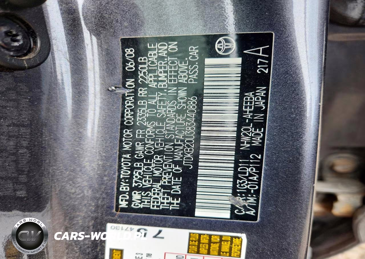 2008 Toyota Prius Base VIN:JTDKB20U383440886 - 12