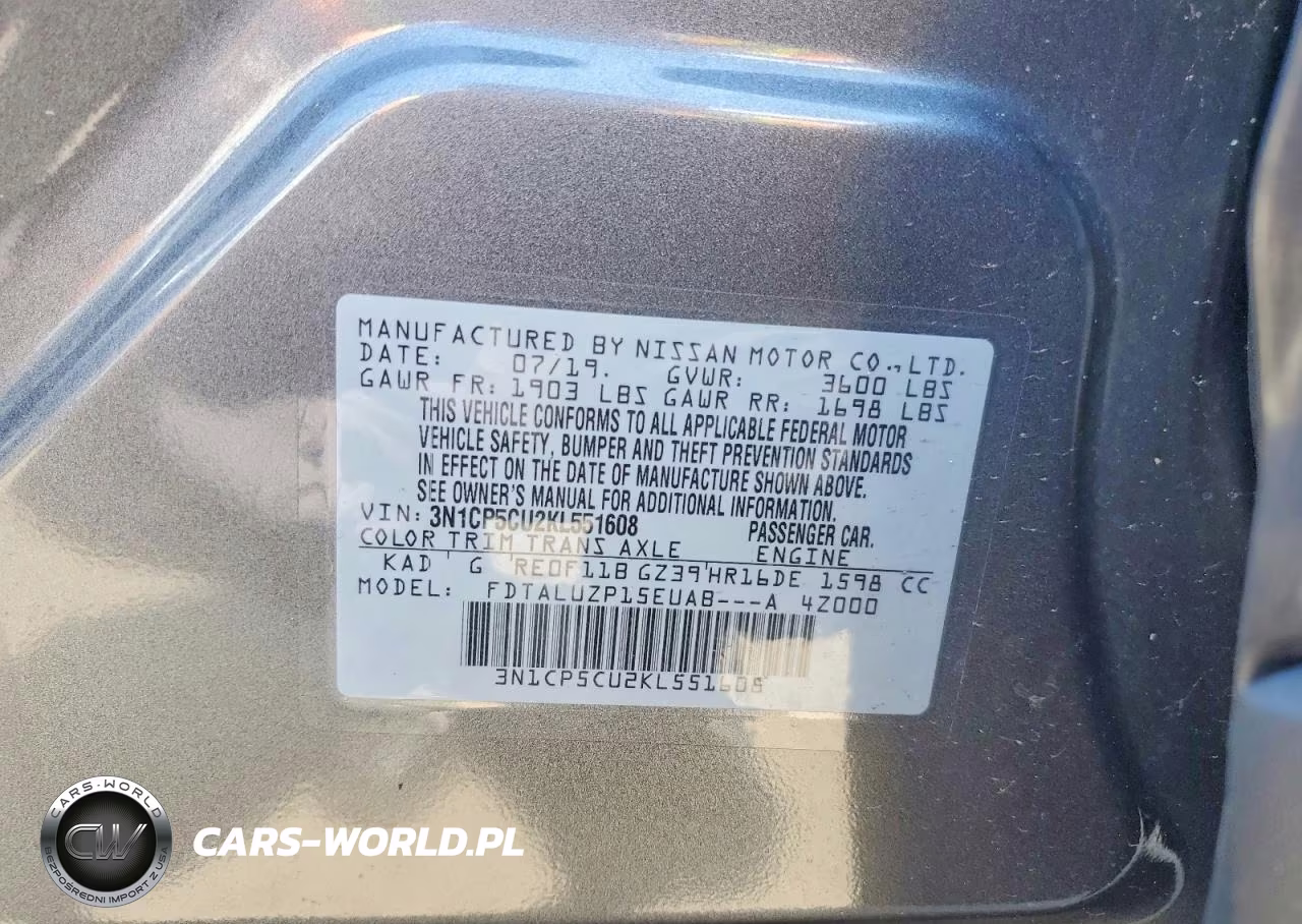 2019 Nissan Kicks Sr VIN:3N1CP5CU2KL551608 - 12