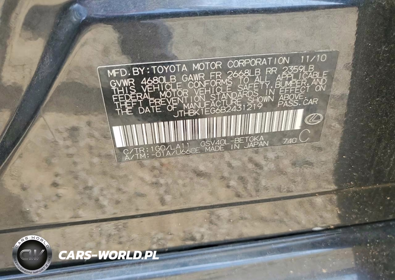 2011 Lexus Es 350 VIN:JTHBK1EG6B2431219 - 12