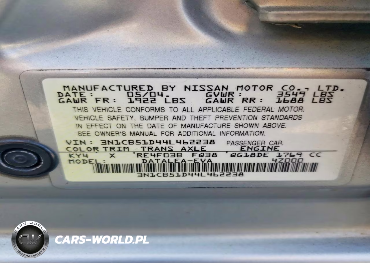 2004 Nissan Sentra 1.8 VIN:3N1CB51D44L462238 - 12