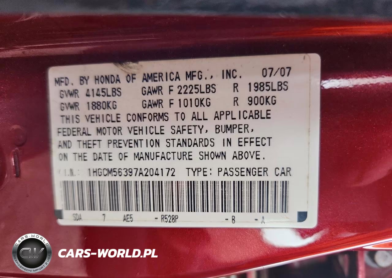 2007 Honda Accord Se VIN:1HGCM56397A204172 - 12