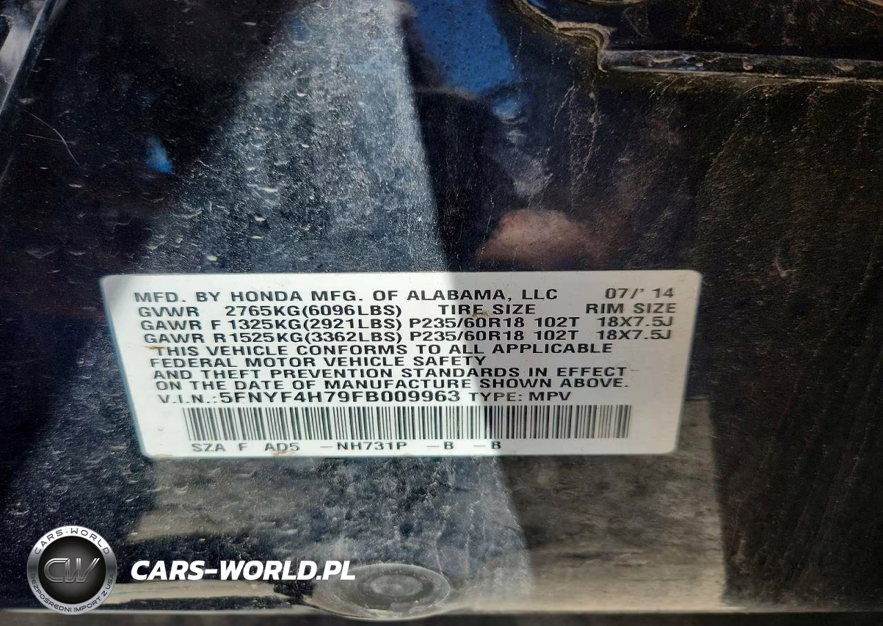 2015 Honda Pilot Exln VIN:5FNYF4H79FB009963 - 13