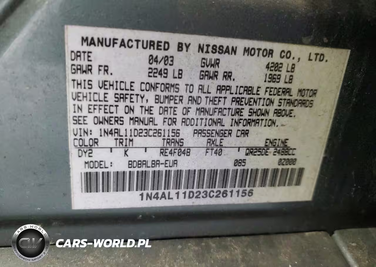 2003 Nissan Altima Base VIN:1N4AL11D23C261156 - 12