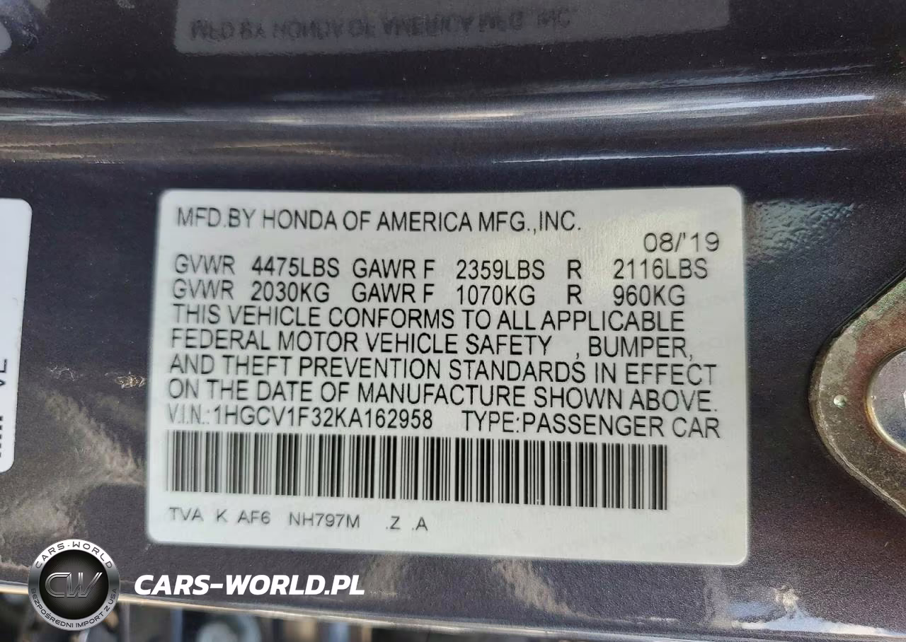 2019 Honda Accord Sport VIN:1HGCV1F32KA162958 - 13