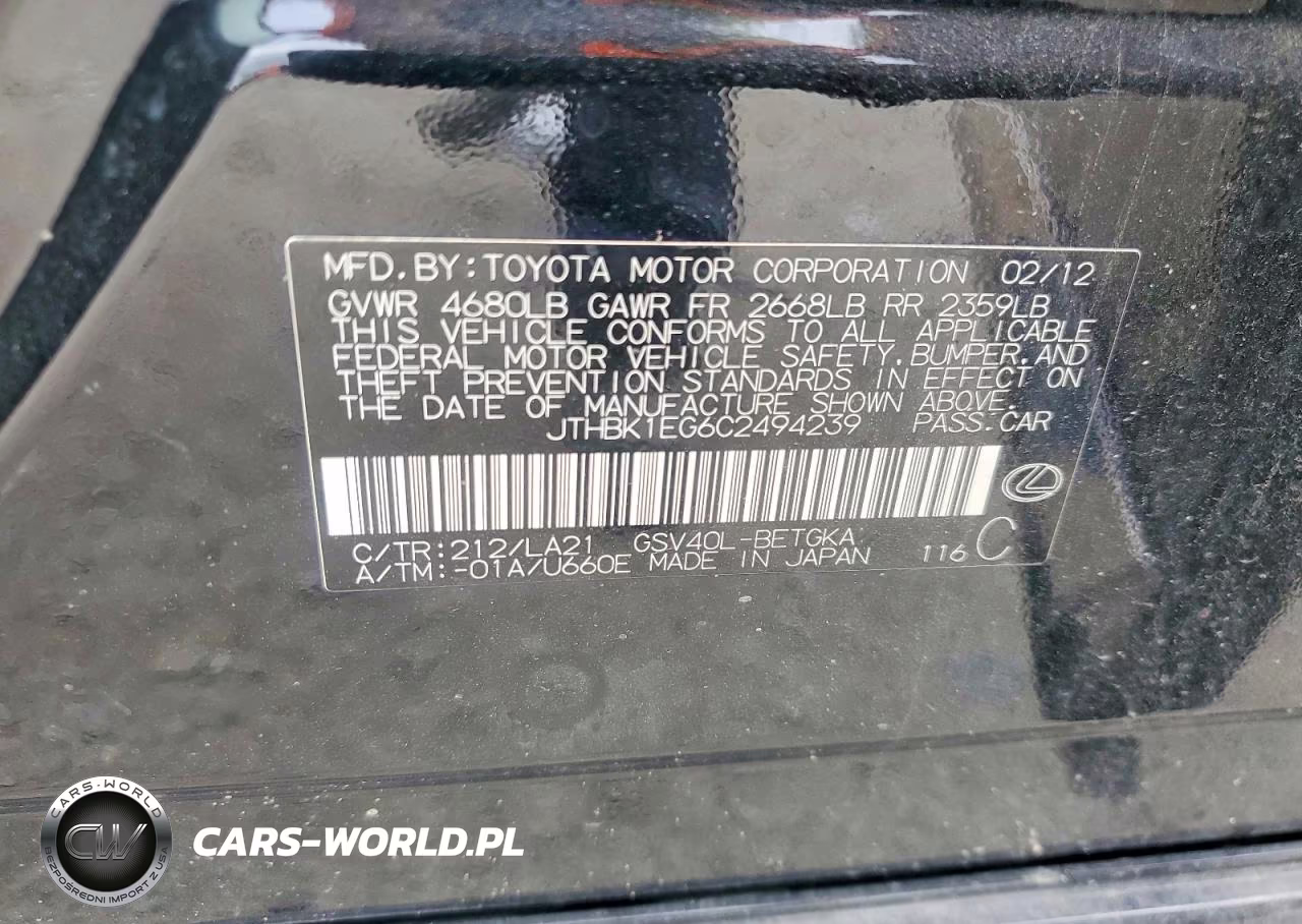 2012 Lexus Es 350 VIN:JTHBK1EG6C2494239 - 12