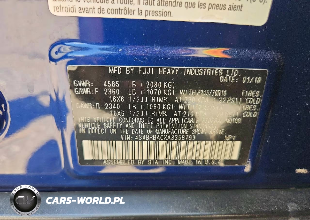 2010 Subaru Outback 2.5I VIN:4S4BRBACXA3358799 - 12