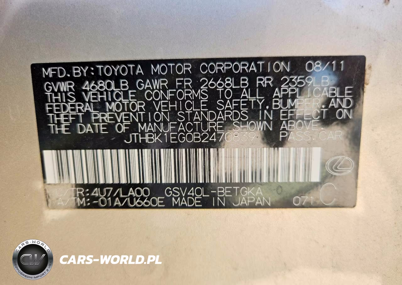 2011 Lexus Es 350 VIN:JTHBK1EG0B2470839 - 12