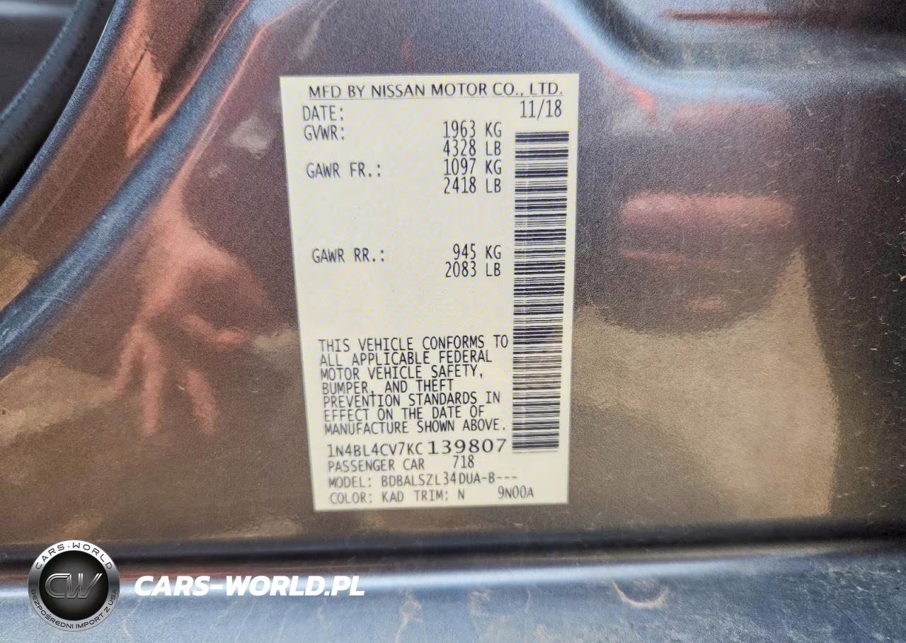 2019 Nissan Altima Sr VIN:1N4BL4CV7KC139807 - 12