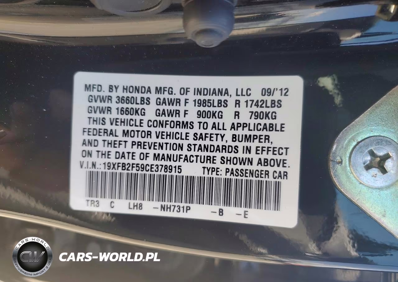2012 Honda Civic Lx VIN:19XFB2F59CE378915 - 12