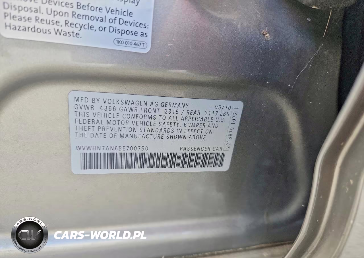 2011 Volkswagen Cc Luxury VIN:WVWHN7AN6BE700750 - 12