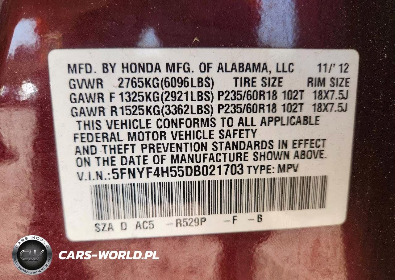 2013 Hond Pilot VIN:5FNYF4H55DB021703 - 13