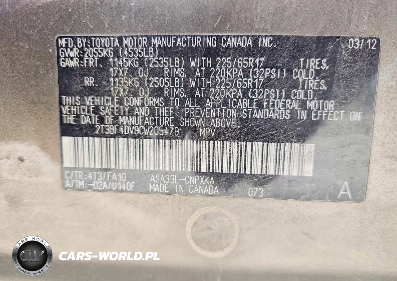 2012 Toyota Rav4 Base VIN:2T3BF4DV9CW205479 - 12