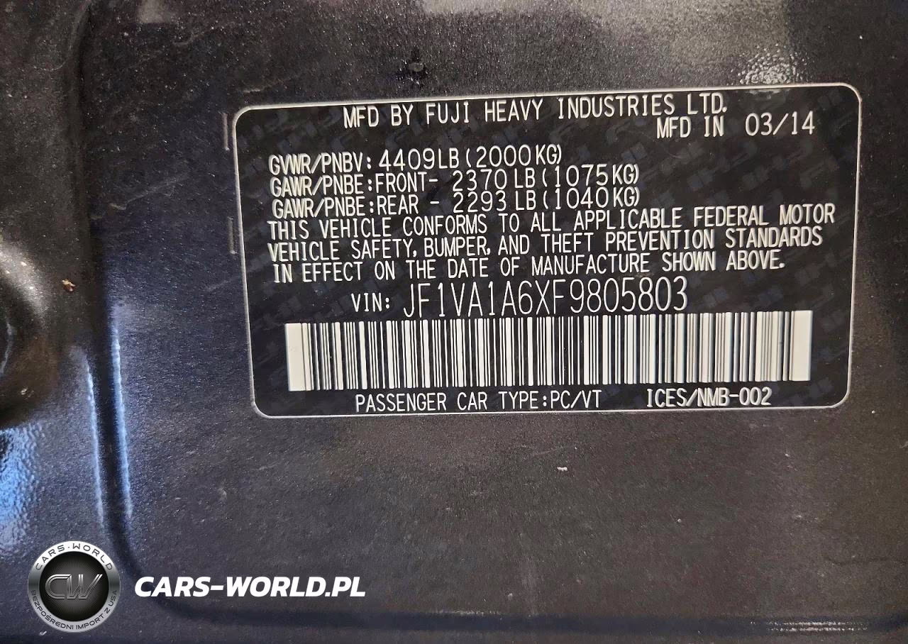 2015 Subaru Wrx VIN:JF1VA1A6XF9805803 - 12