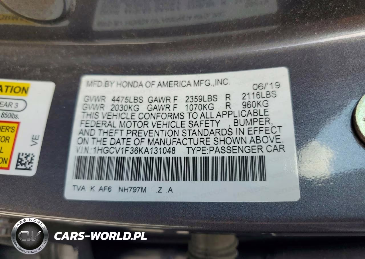 2019 Honda Accord Sport VIN:1HGCV1F36KA131048 - 12
