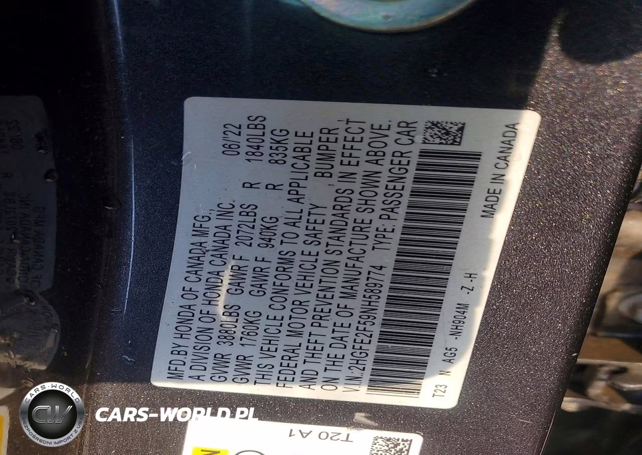 2022 Honda Civic Sport VIN:2HGFE2F59NH589774 - 12