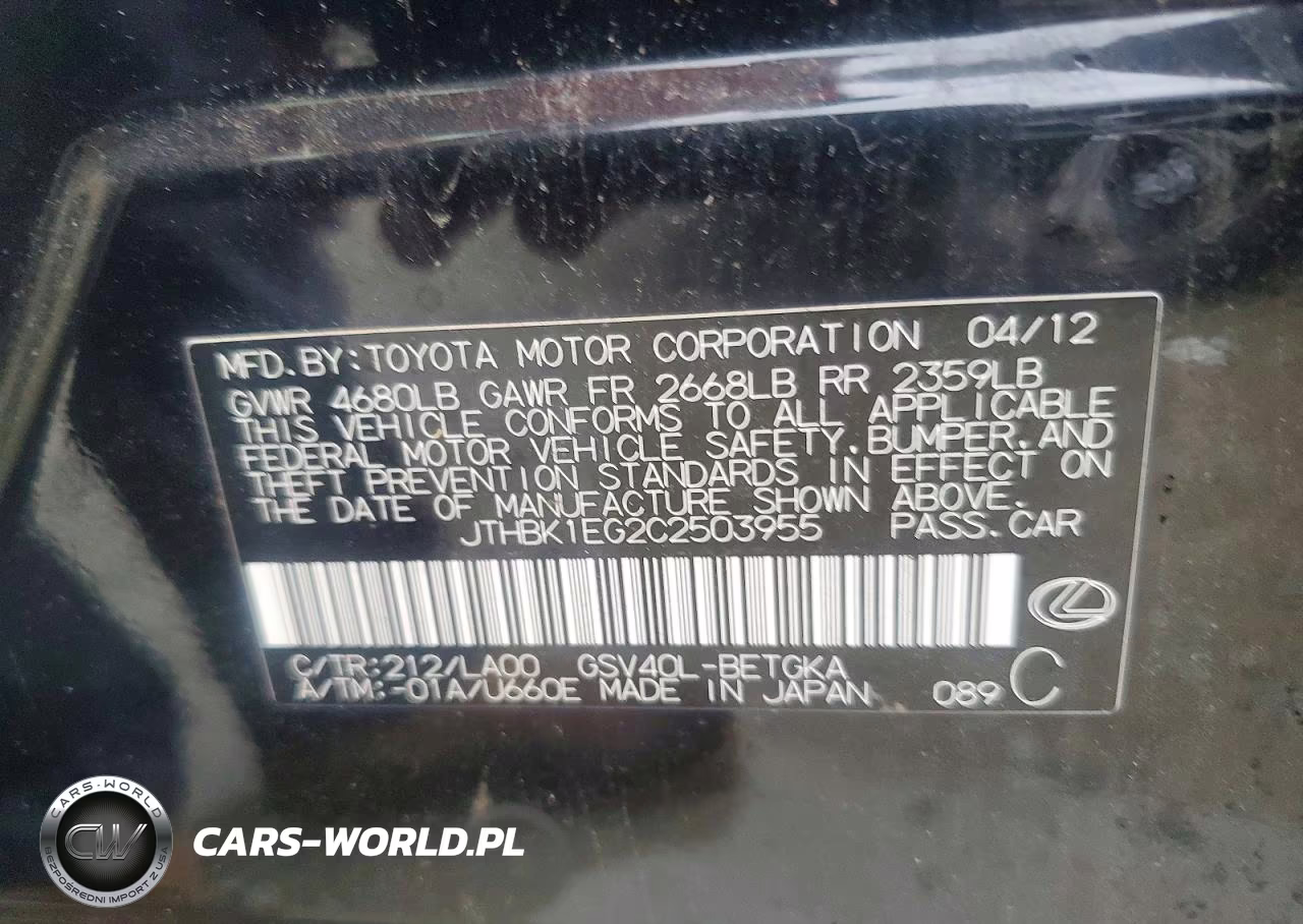 2012 Lexus Es 350 VIN:JTHBK1EG2C2503955 - 12