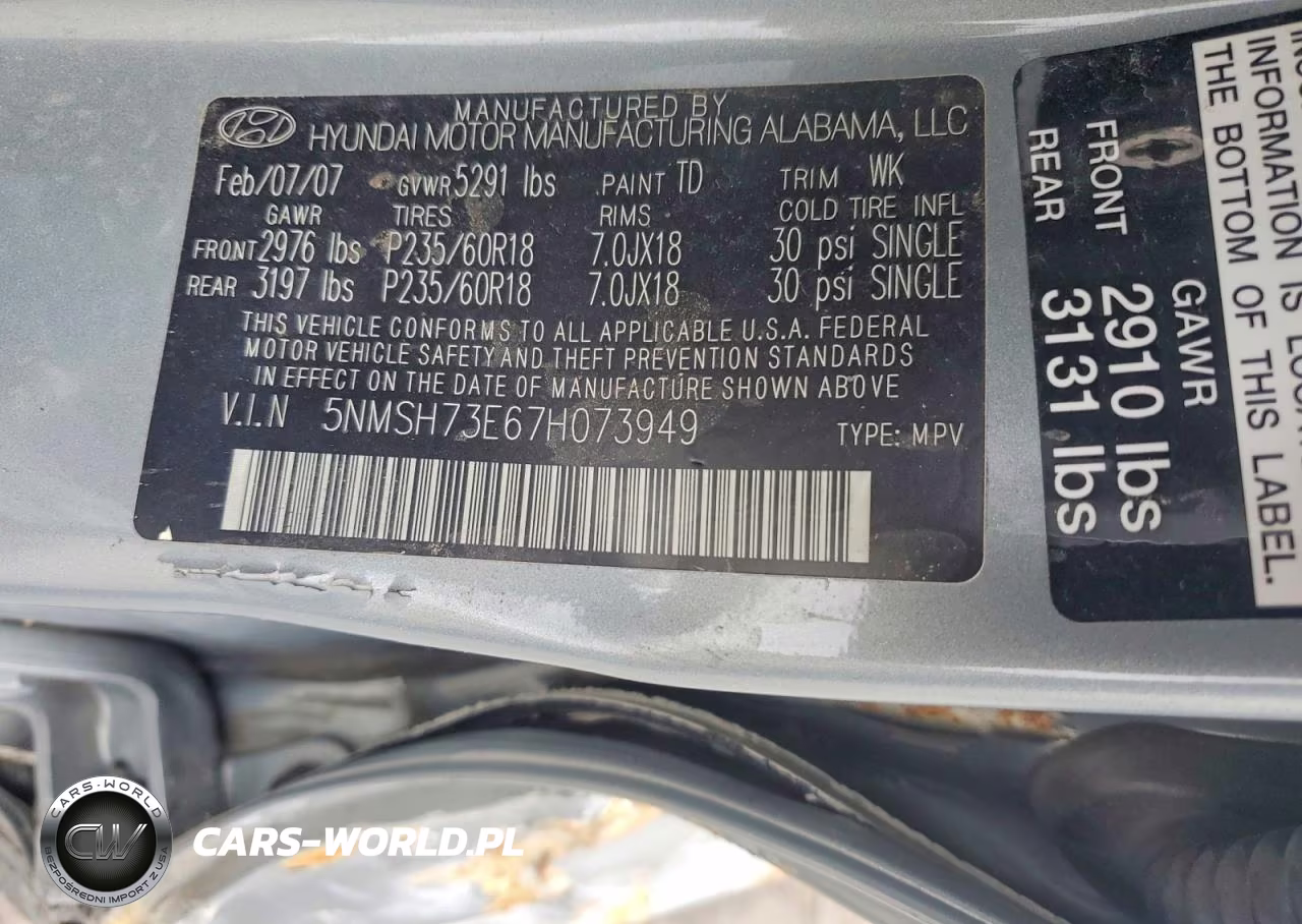 2007 Hyundai Santa Fe Se VIN:5NMSH73E67H073949 - 12