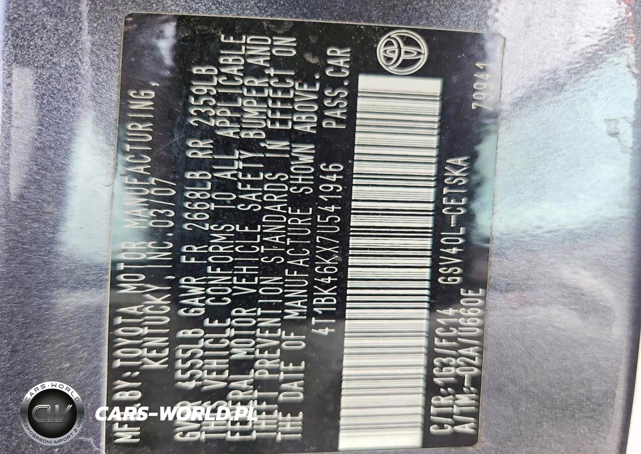 2007 Toyota Camry Se V6 VIN:4T1BK46KX7U541946 - 12