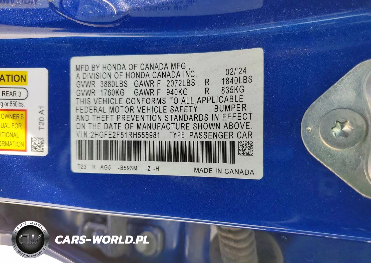 2024 Honda Civic Sport VIN:2HGFE2F51RH555981 - 12