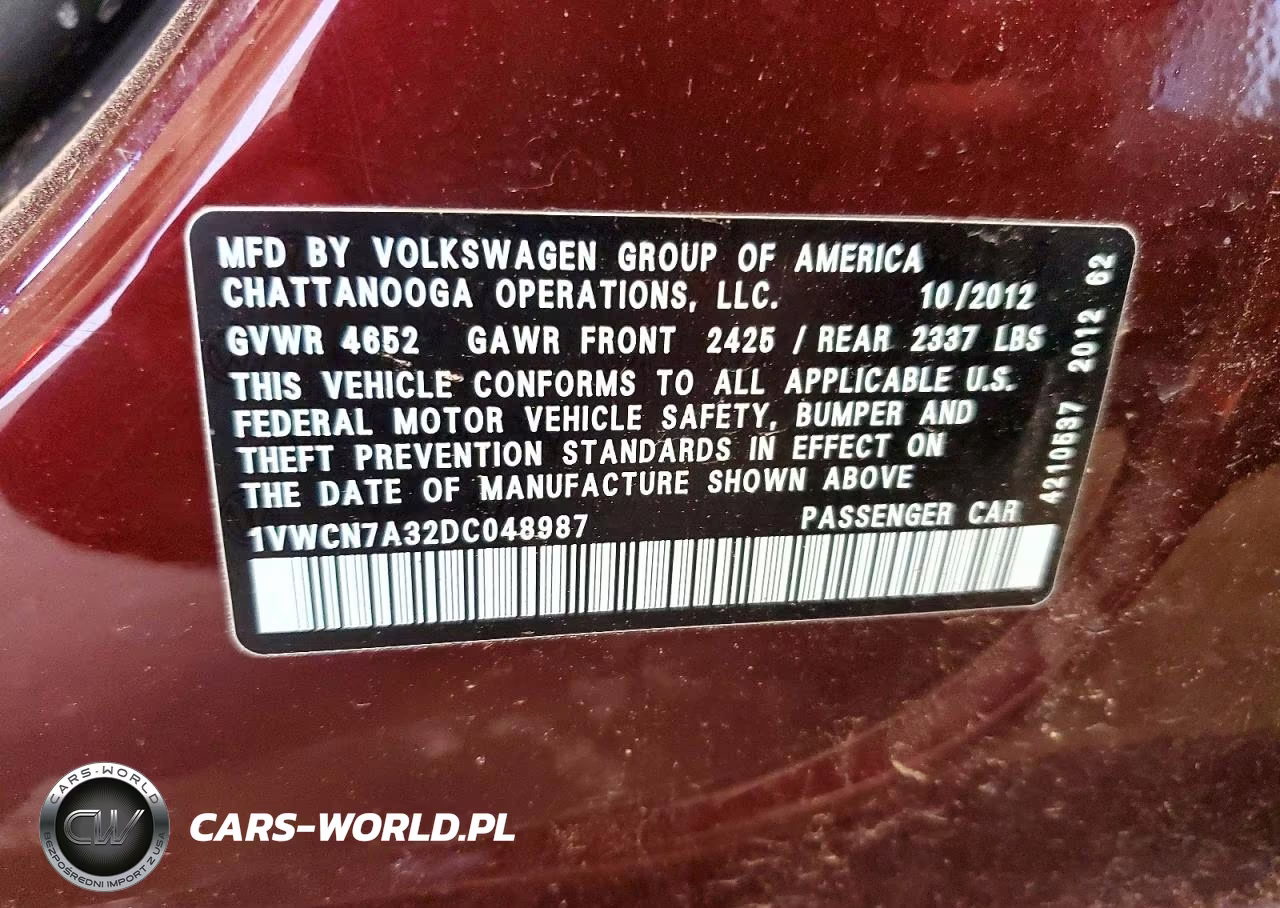 2013 Volkswagen Passat Sel VIN:1VWCN7A32DC048987 - 12